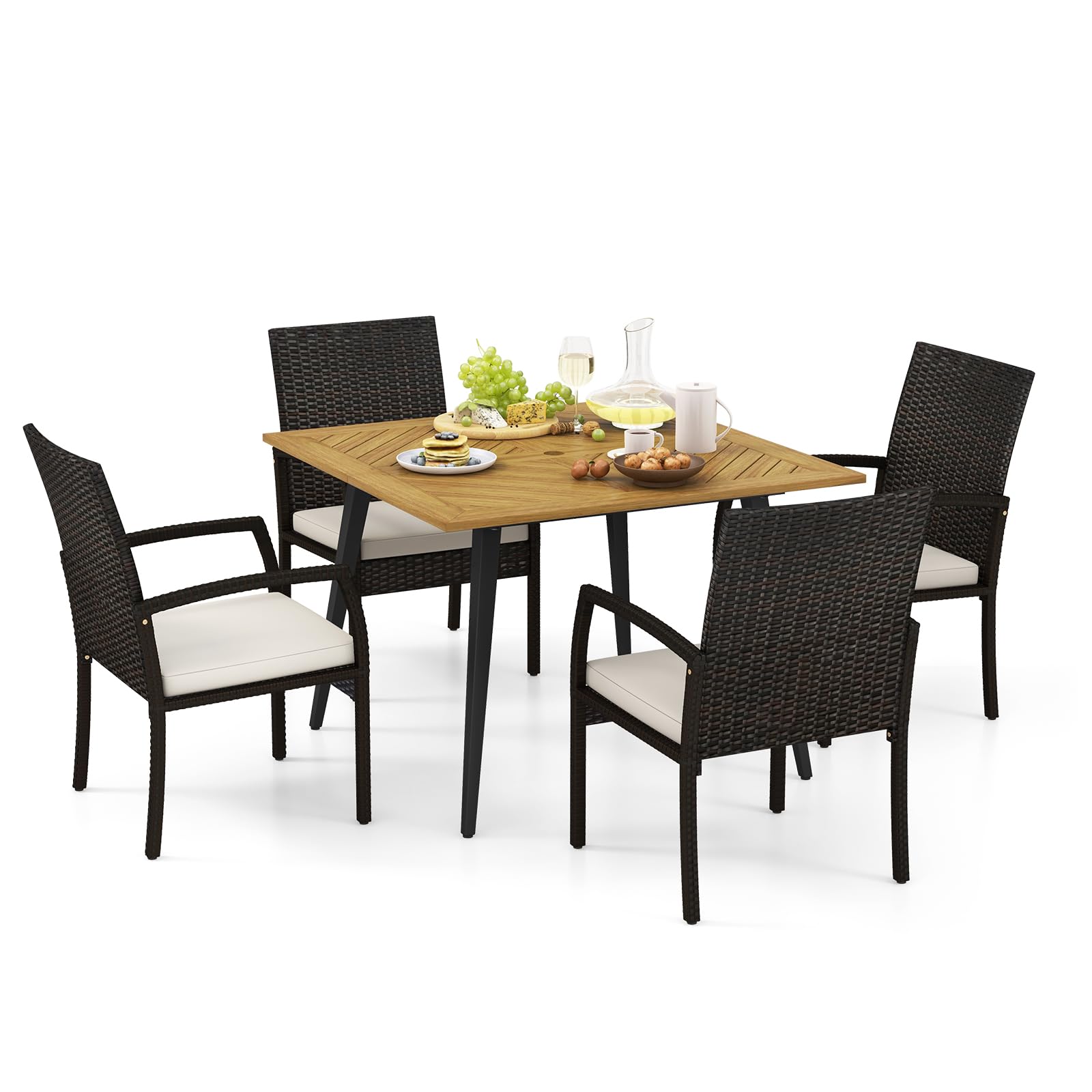 Ensemble de salle à manger Tangkula 5 pièces en rotin PE pour patio, table et chaises de salle à manger d'extérieur avec coussins